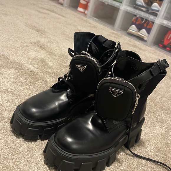 Prada Shoes - Prada Monolith leather and Re-Nylon boots with pouch